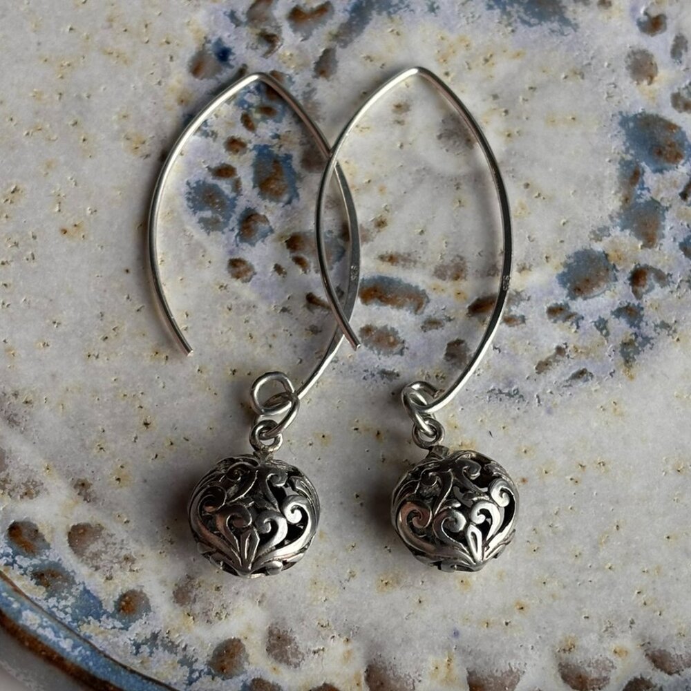 925 Sterling Silver Filigree Teardrop Dangle Earrings Vintage Boho